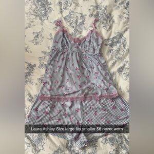 Laura Ashley Blue Gingham two piece pajama set with Pink Floral Accents